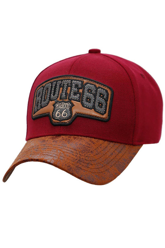 Route 66 PU Oiled Curved Bill Acrylic Baseball Cap: Red
