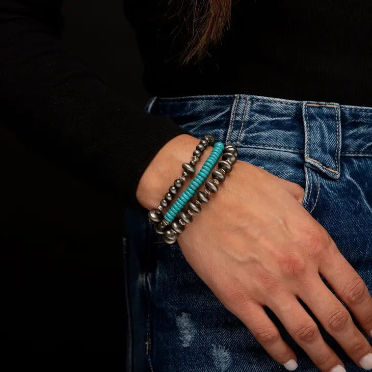 Faux Navajo Pearl and Turquoise Stretch 3 Strand Bracelet
