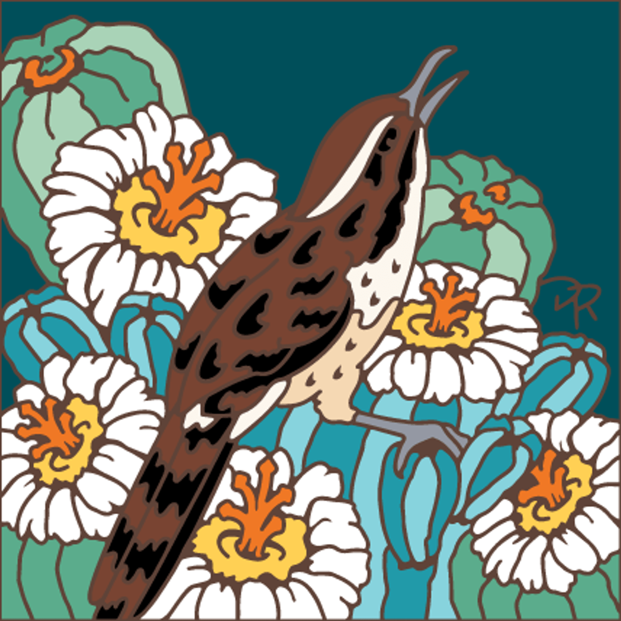 Desert Wren and Cactus Blooms Tile