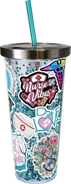 Nurse Sticker Art Glitter Cup with Straw