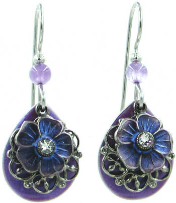 Silver Forest Purple Teardrop & Flower with Filigree Earrings