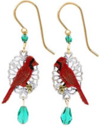 Silver Forest Cardinal on Filigree/Green Bead Drop Earrings