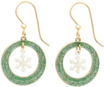 Silver Forest Snowflake In Textured Green Round Earrings