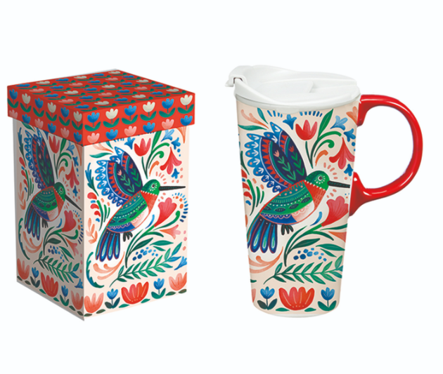 Floral Hummingbird Travel Coffee Cup