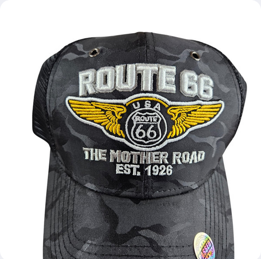 Route 66 Mother Road Wings Black Camo Trucker Mesh Cap
