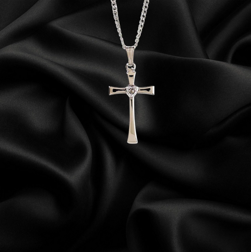 Silver Plated Cross with Heart Shaped Cz Necklace