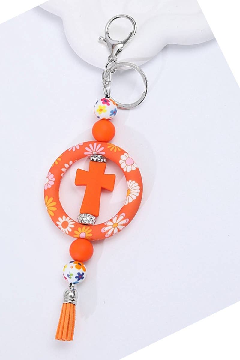 Orange Cross Beaded Keychain