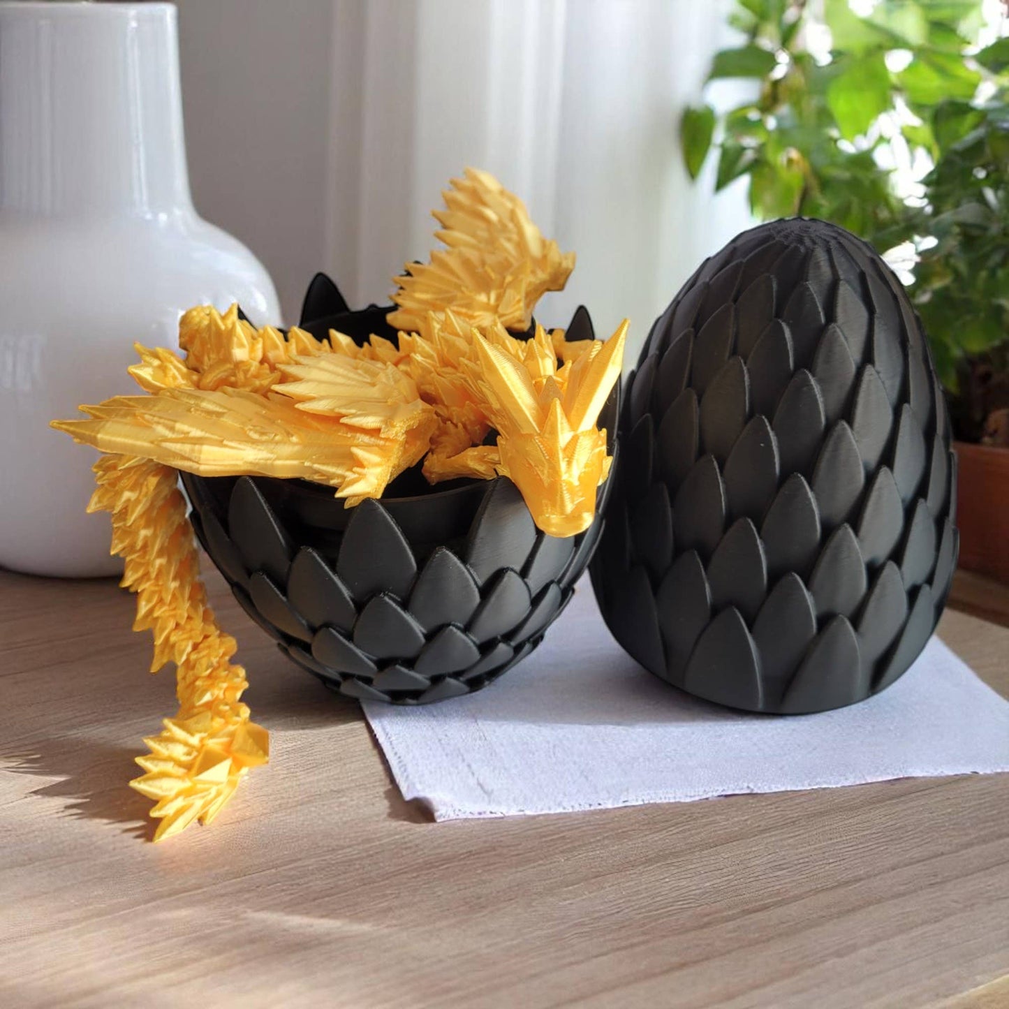 3D Printed Articulated Crystal Dragon with Wings and Egg: Gold Dragon Black Egg