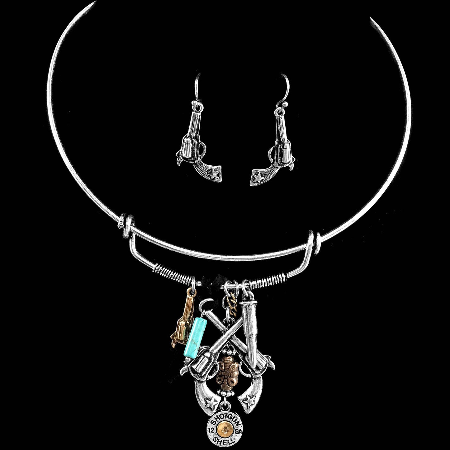 Gun Western Choker Necklace & Earring Set