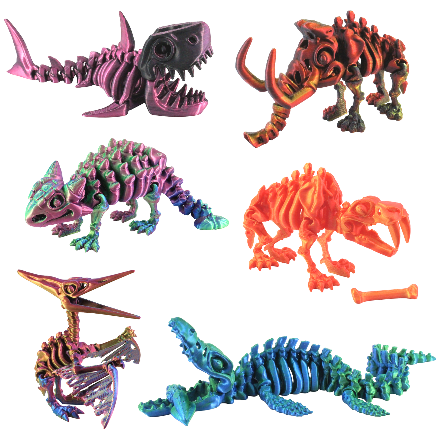3D Printed Flexible Articulate Dinosaurs (Large) Multi Color: Red-Green-Blue / Triceratops