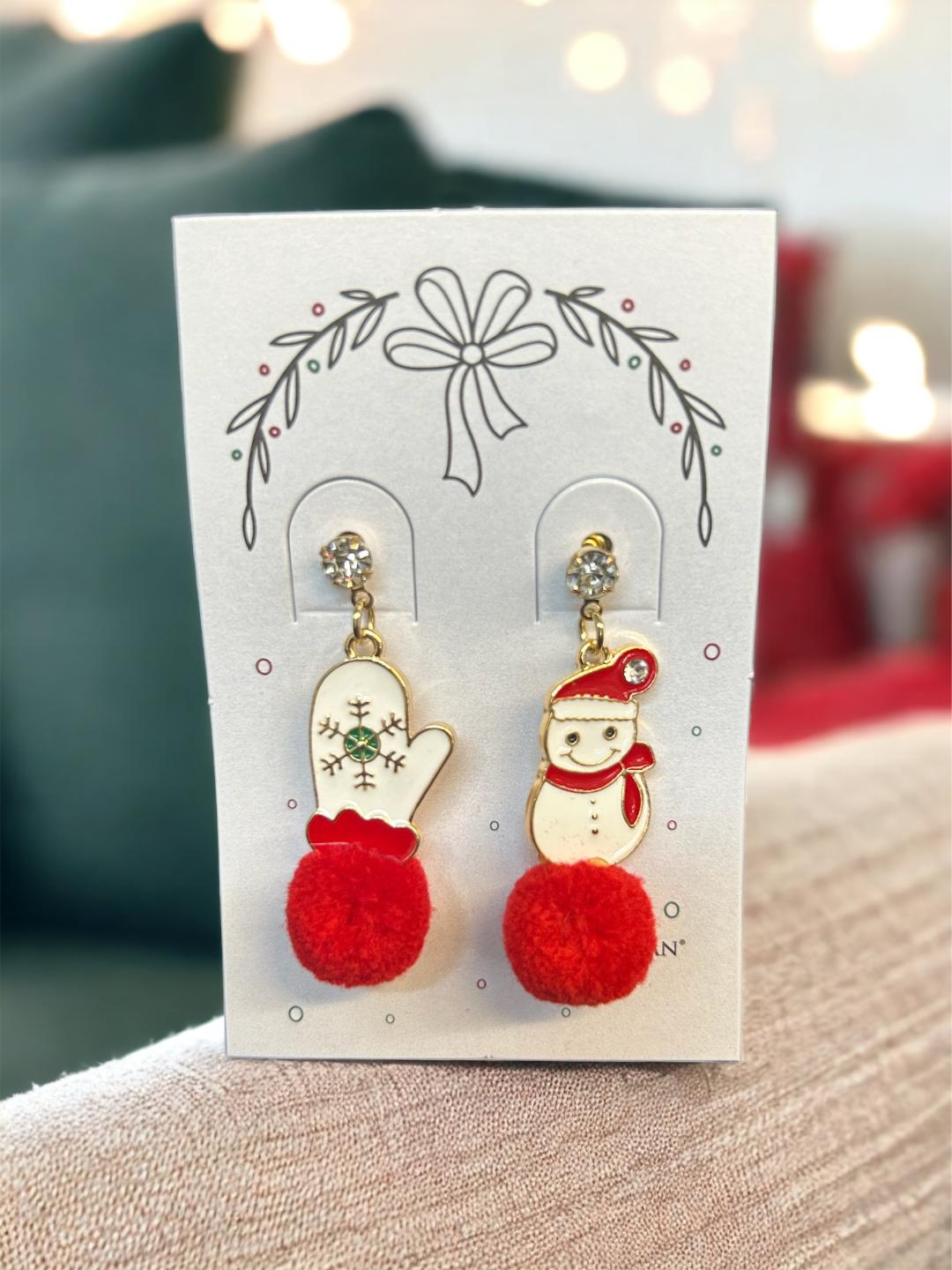 Mitten and Snowman Earrings with Red Balls