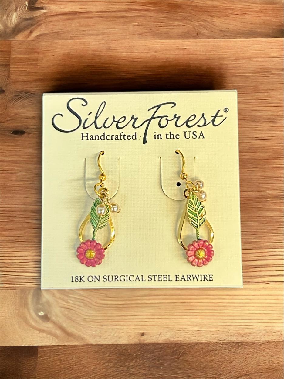 Silver Forest Leaf and Pink Flower in Open Shape Earrings