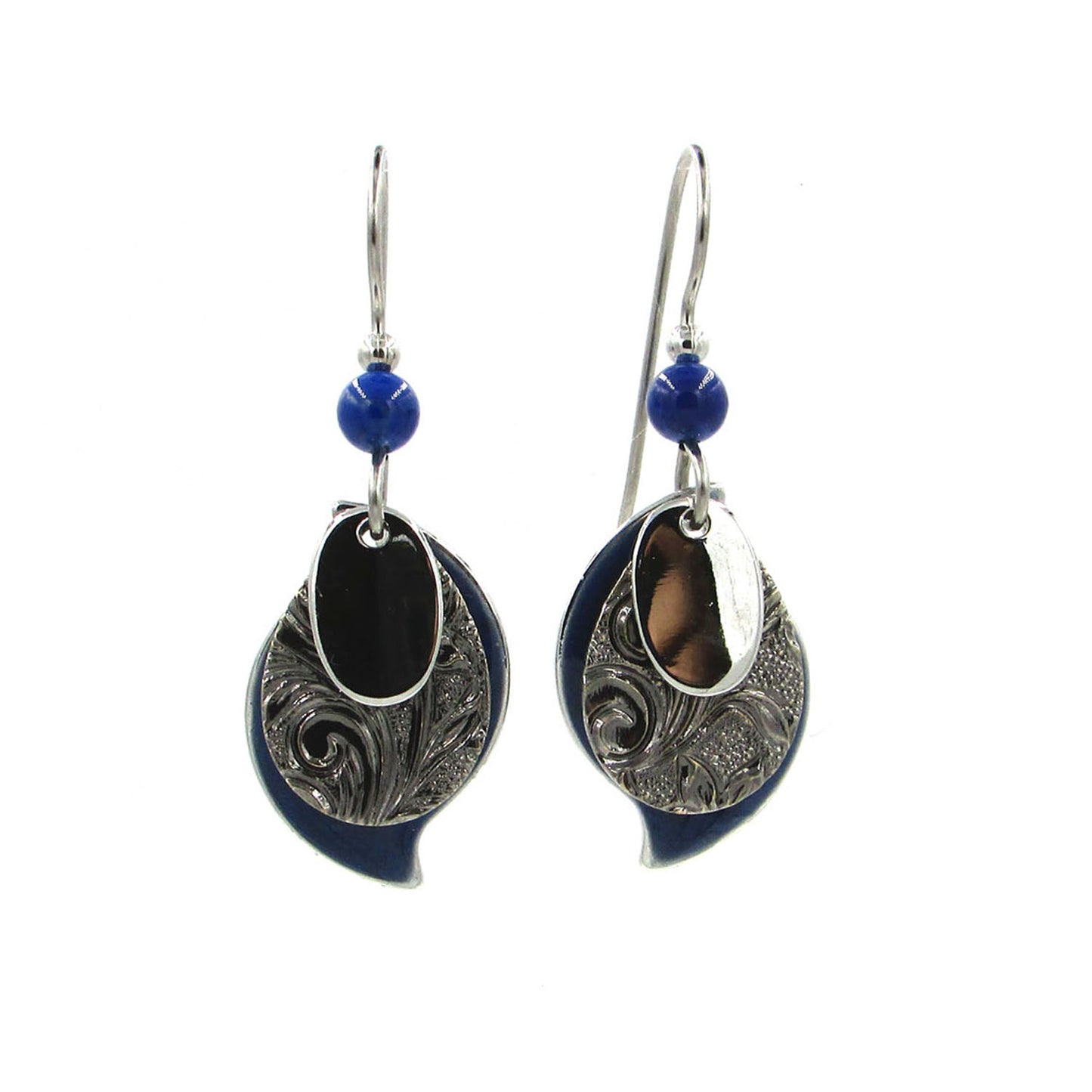 Silver Forest Black and Silver Layers Blue Bead Earrings