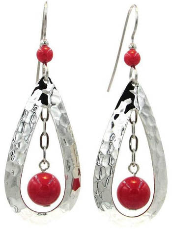 Silver Forest Hammered Teardrop with Red Bead Earrings