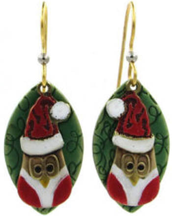 Silver Forest Santa Hat On Owl Earrings
