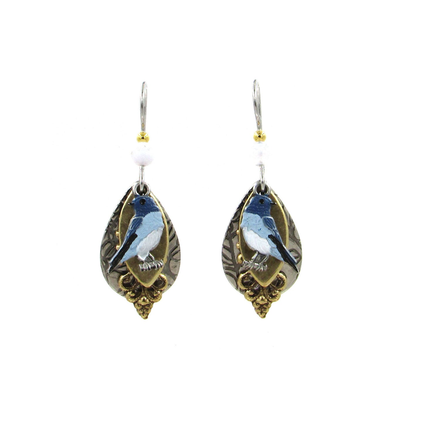 Silver Forest Blue Bird Tear Filigree Earrings