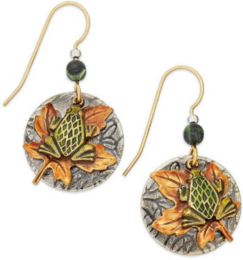 Silver Forest Frog on Fall Leaf Disc Earrings