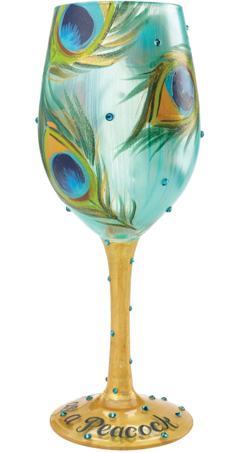 LOLITA GOLDEN PEACOCK WINE GLASS~ HAND PAINTED! GORGEOUS! WITH GIFT BOX 15oz