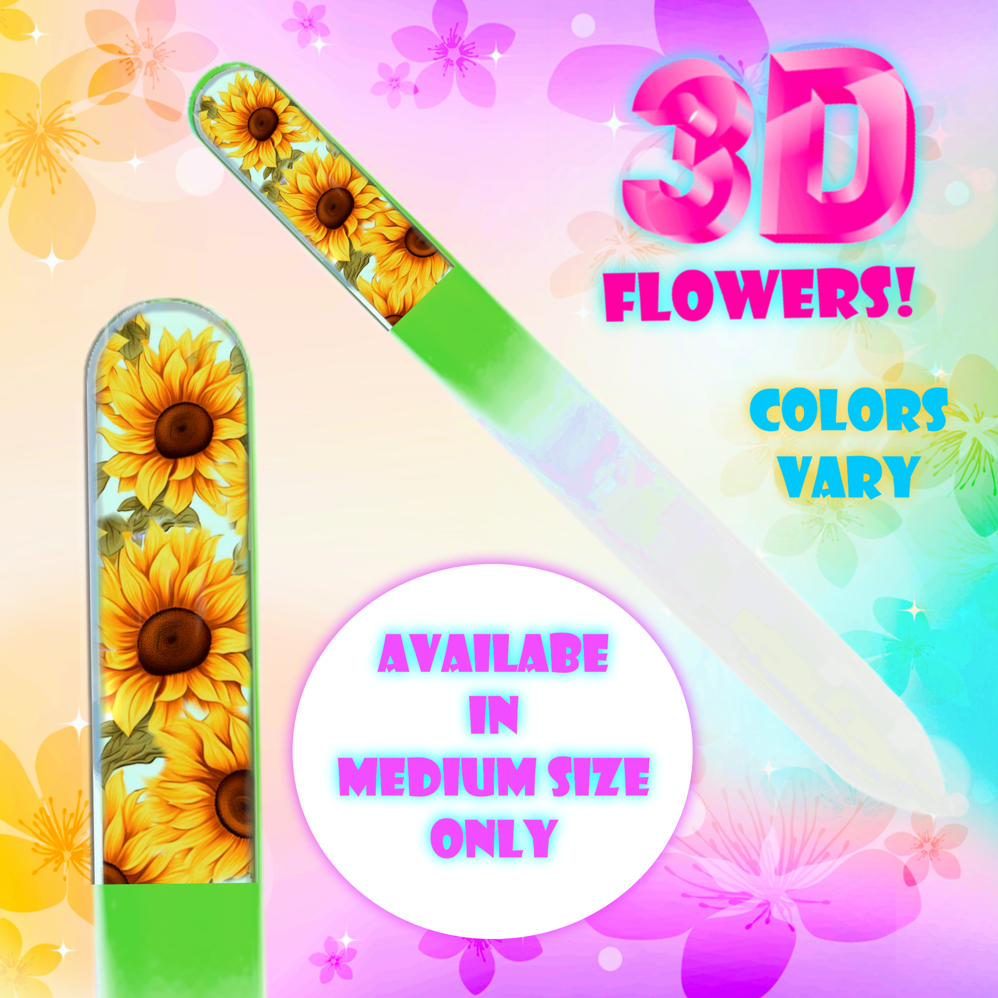 Yellow Sunflowers 3D Colored Czech Crystal Nail File : Medium