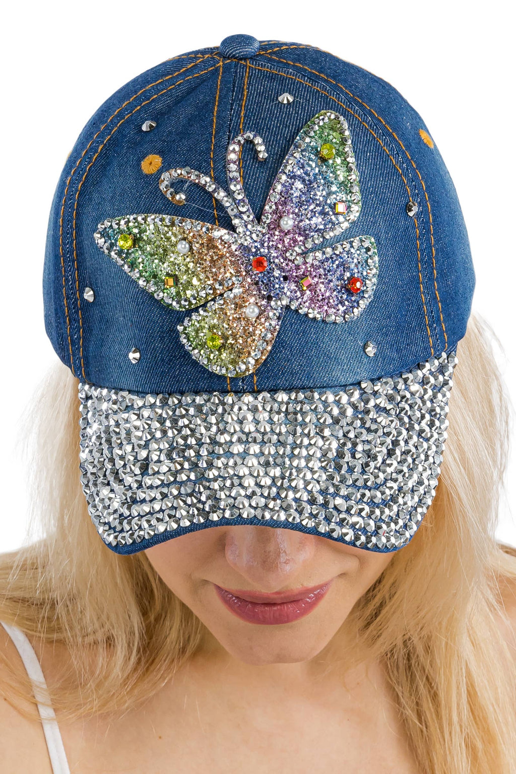 Butterfly Rainbow Shimmer Bling Denim Baseball Cap