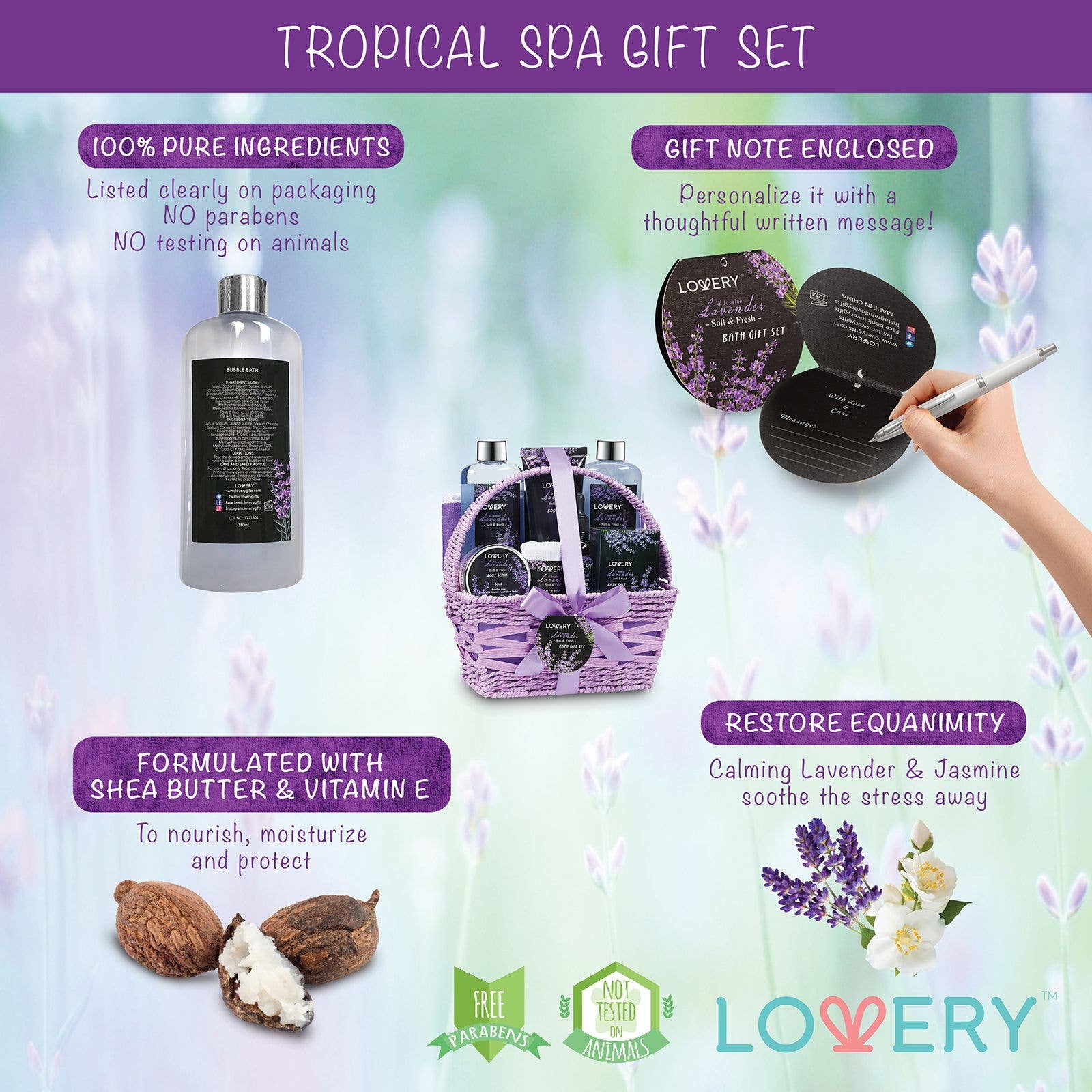 Lavender and Jasmine - 9pc Home Spa Gift Basket Bath Set