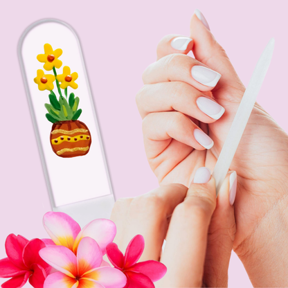 Sunfire Potted Yellow Flowers Hand Painted Crystal Nail File: Large