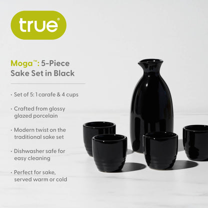 Moga Black Glazed Porcelain Sake Set - Set of 5