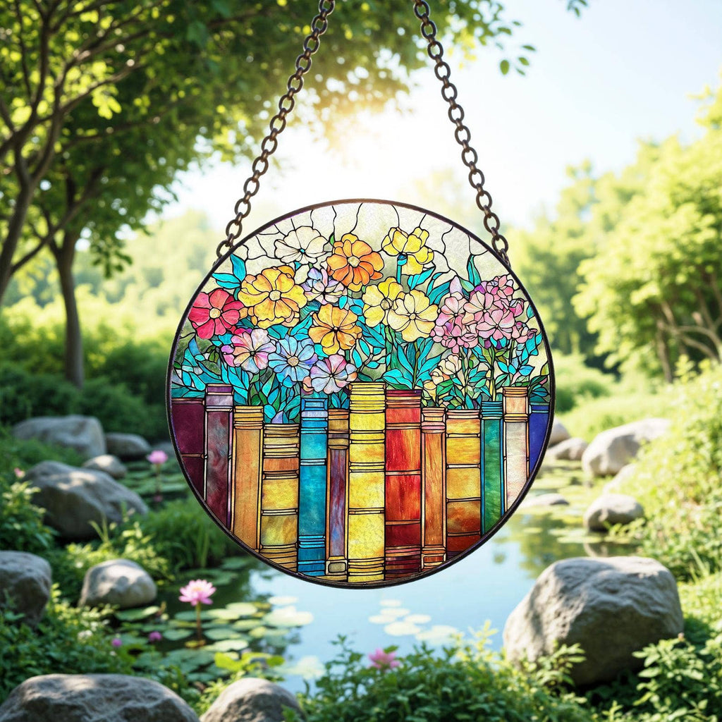 Books and Flowers Stained Glass Suncatcher
