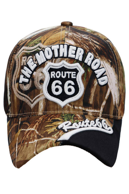 Route 66 The Mother Road Arc Logo Acrylic Baseball Cap: Hunt Camo