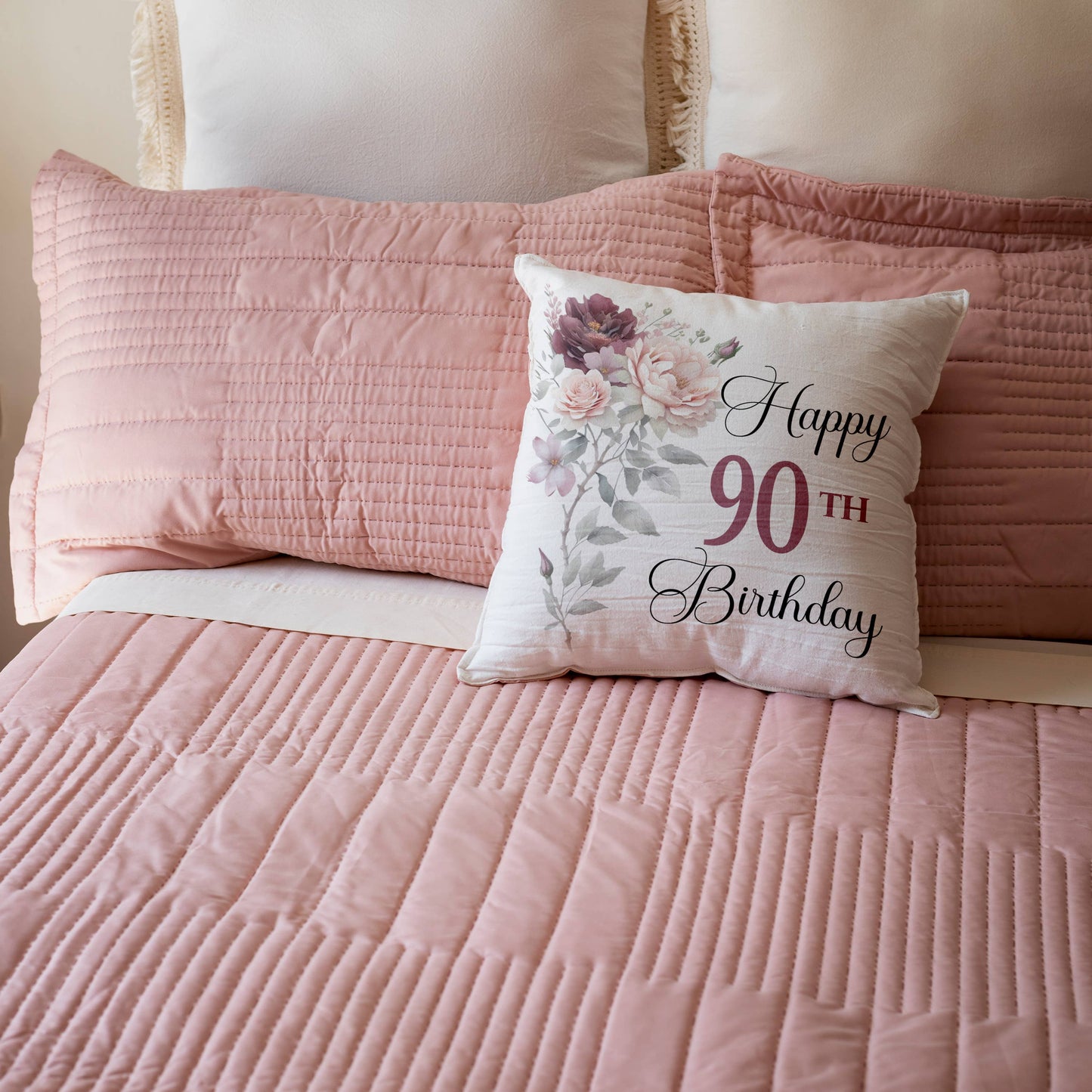 Happy 90th Birthday Blush Pink and Burgundy Flower, Pillow Case