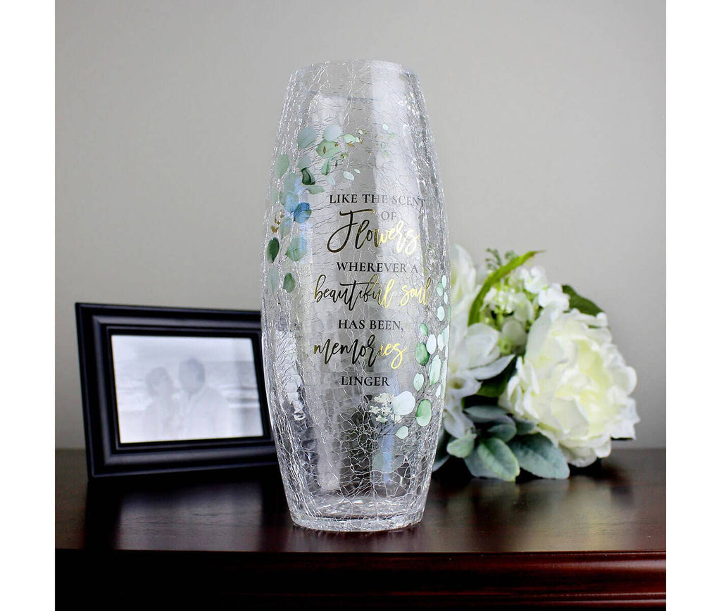 Crackle Glass Memorial Flower Vase with Sympathy Verse