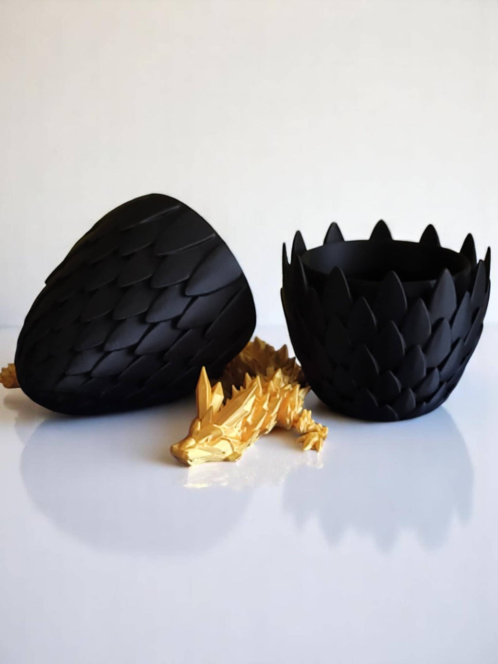 3D Printed 12" Dragon and 6" Egg: Black Egg / Gold Dragon