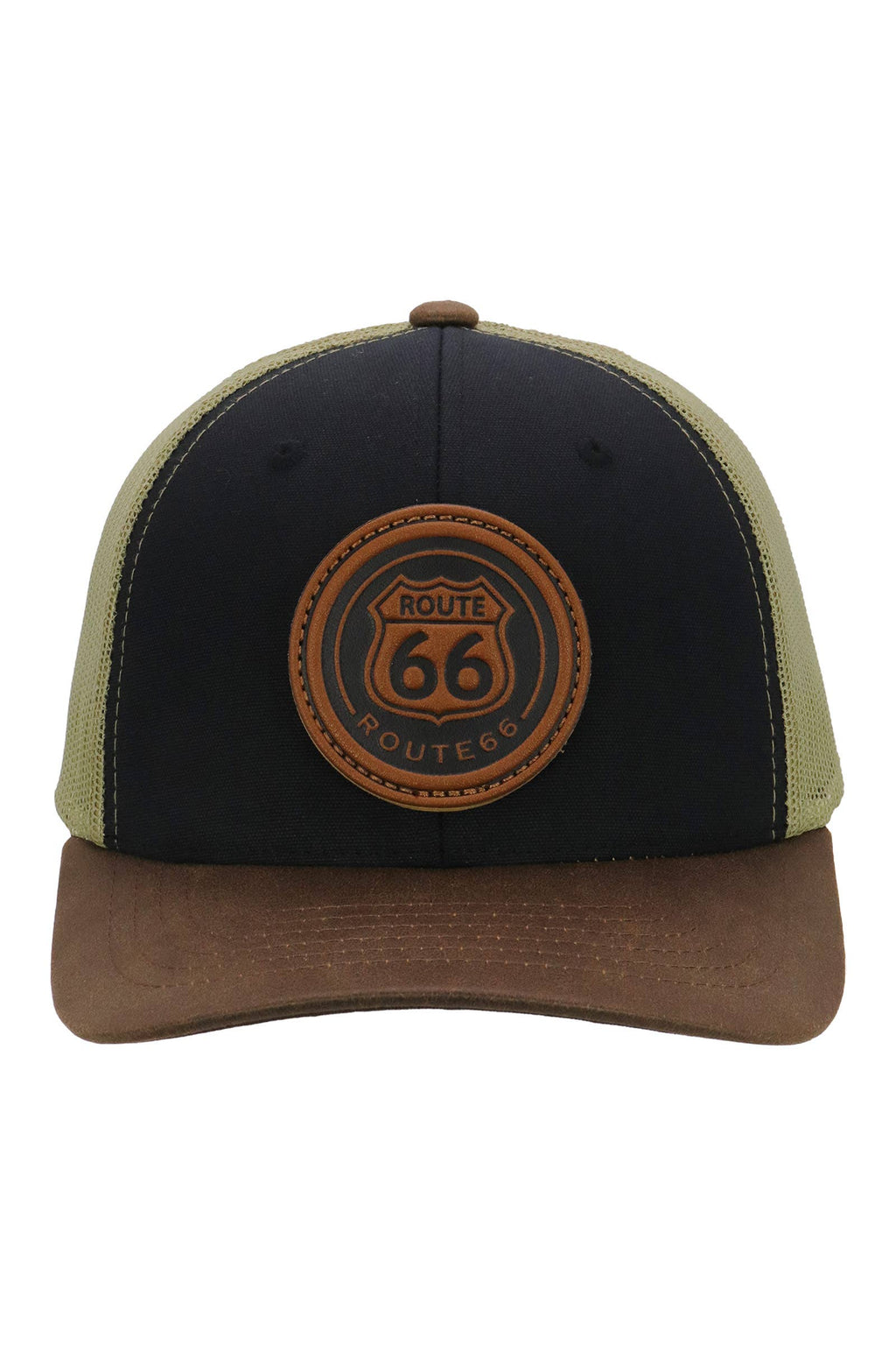 Route 66 Canvas Vegan Oiled Leather Trucker Hat: BROWN/BROWN/KHAKI / ONE SIZE