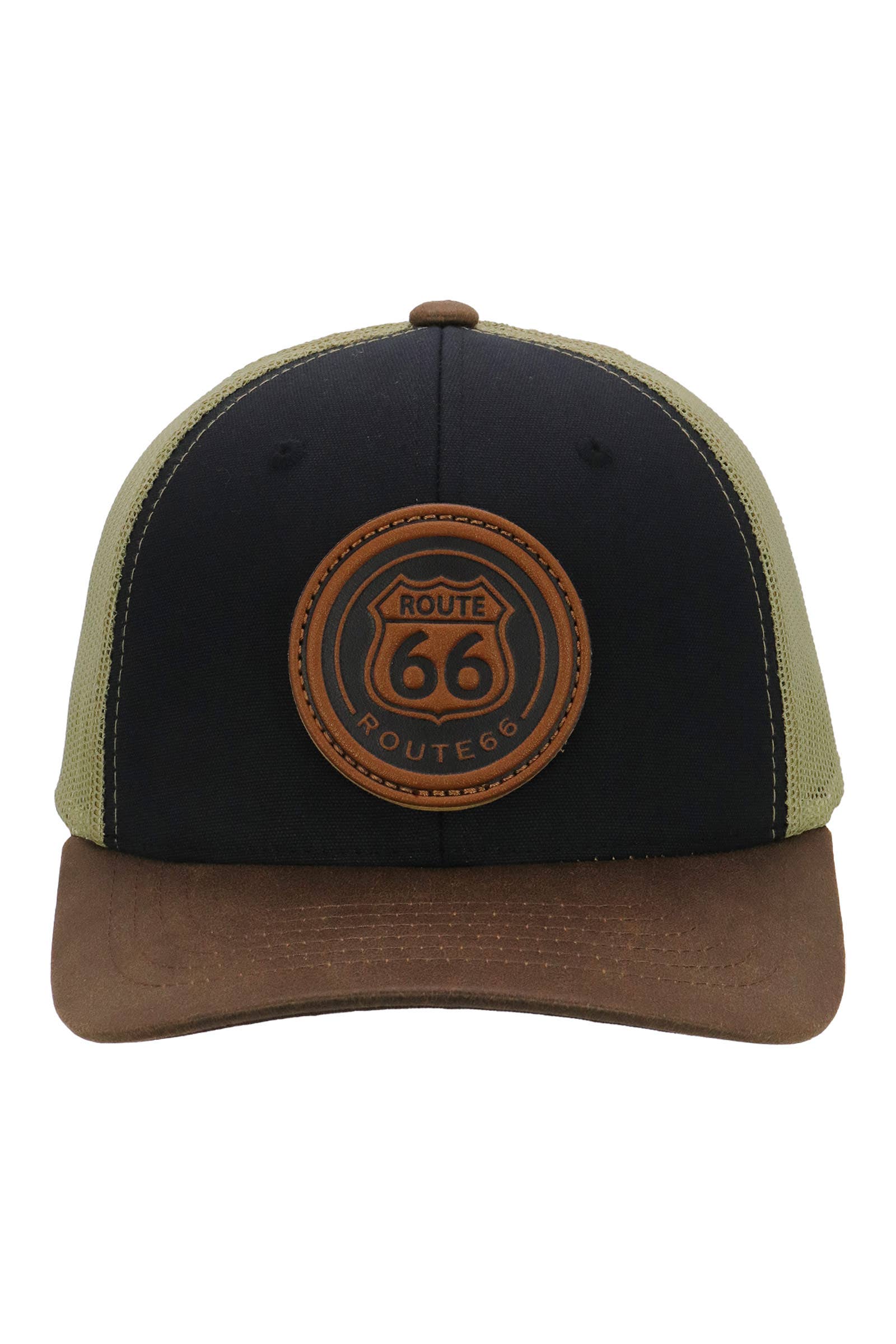 Route 66 Canvas Vegan Oiled Leather Trucker Hat: BROWN/BROWN/KHAKI / ONE SIZE