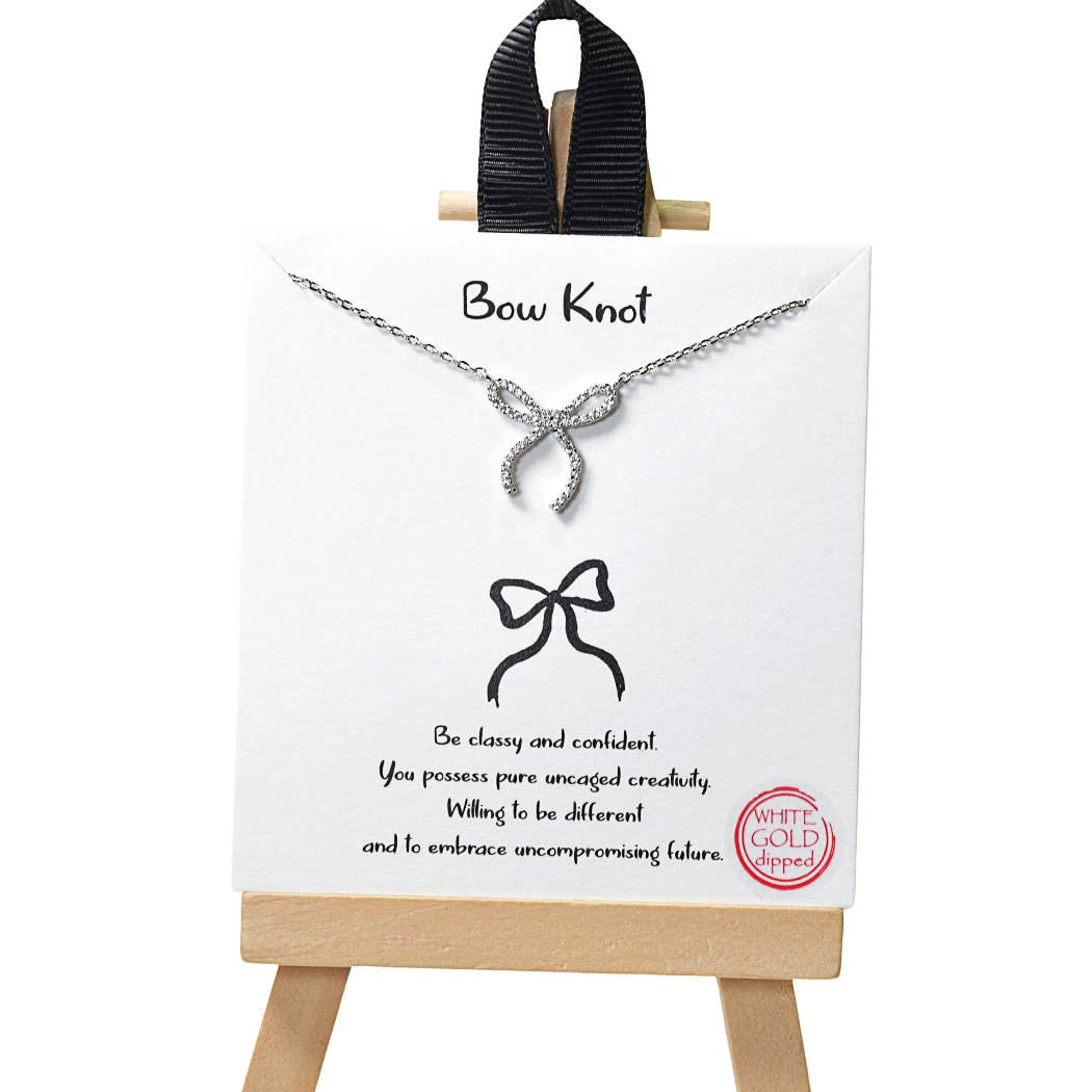 Bow Knot ribbon bow cubic zirconia necklace: Silver