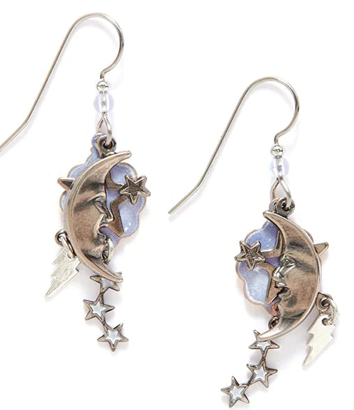 Silver Forest Stars and Moon and Lightning Earrings