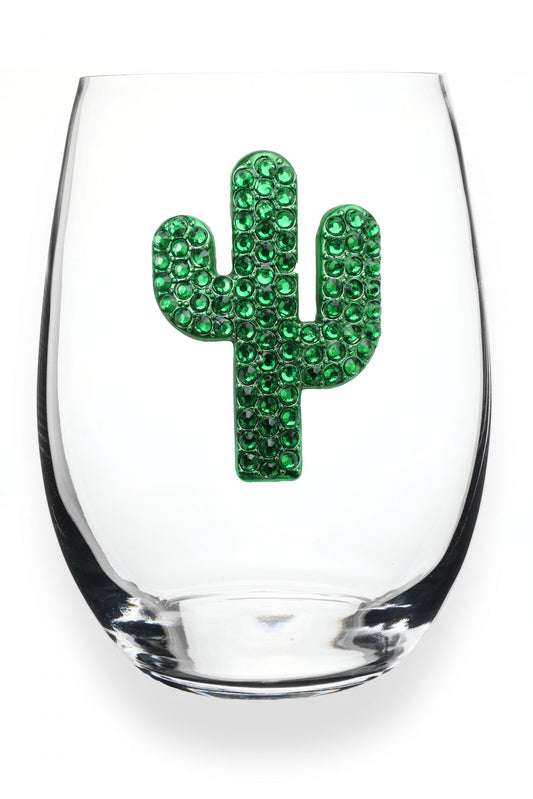 Green Cactus Jeweled Stemless Wine Glass