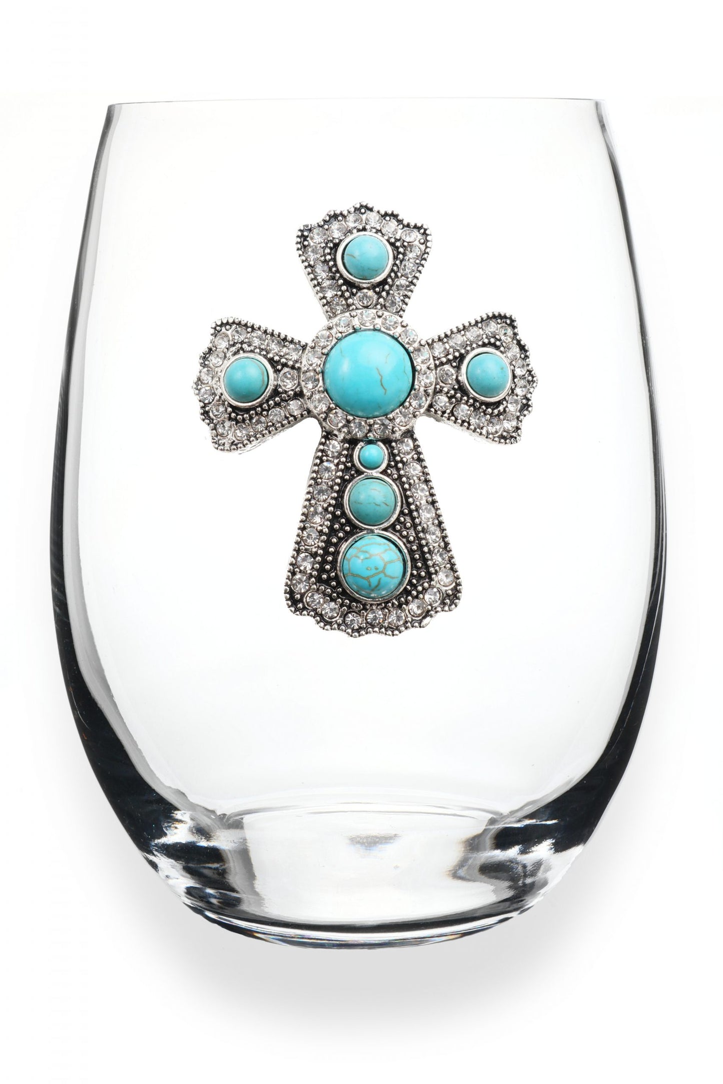 Turquoise Cross Jeweled Stemless Wine Glass