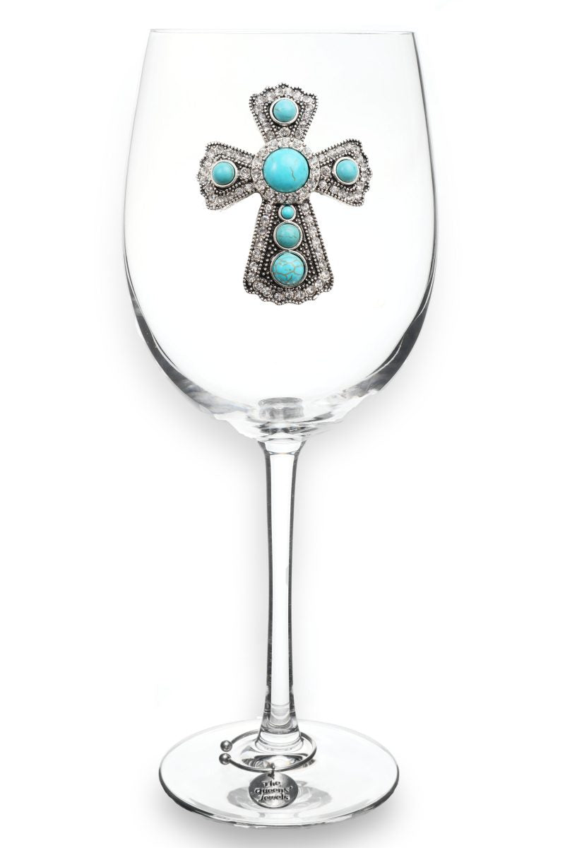 Turquoise Cross Jeweled Stemmed Wine Glass