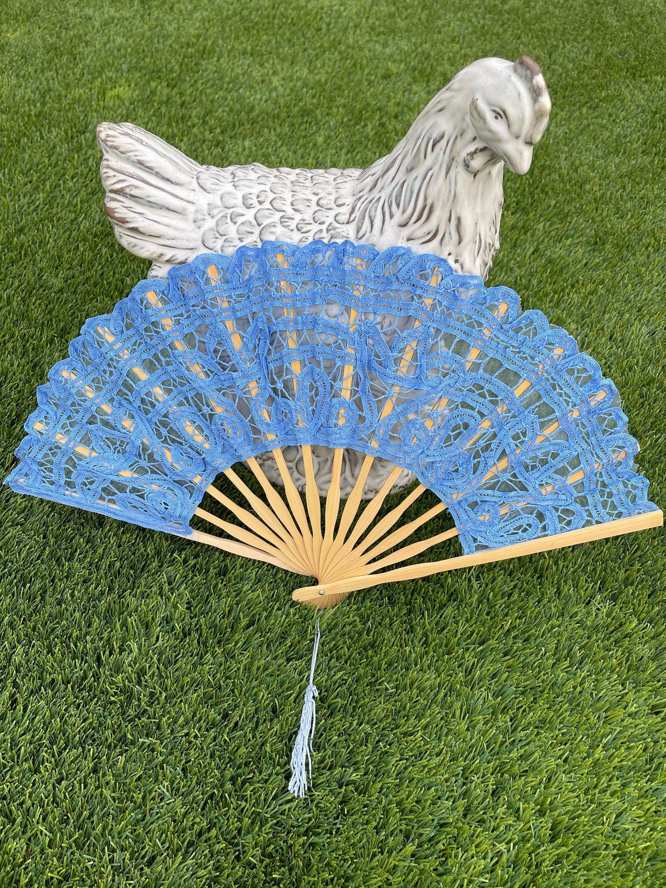 Handheld Battenberg Lace Blue Fan