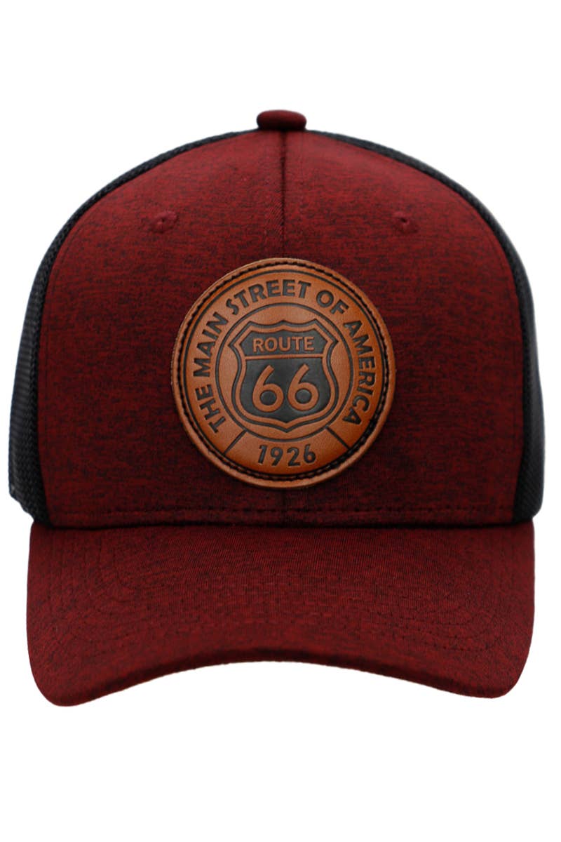 Route 66 Patch Melange Fabric Trucker Hat Burgandy