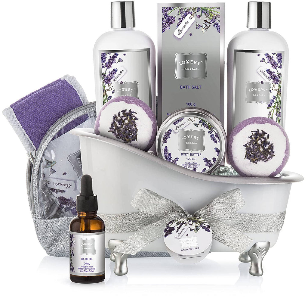 Bath Gift Basket Set: Relaxing Lavender Home Spa Kit Set