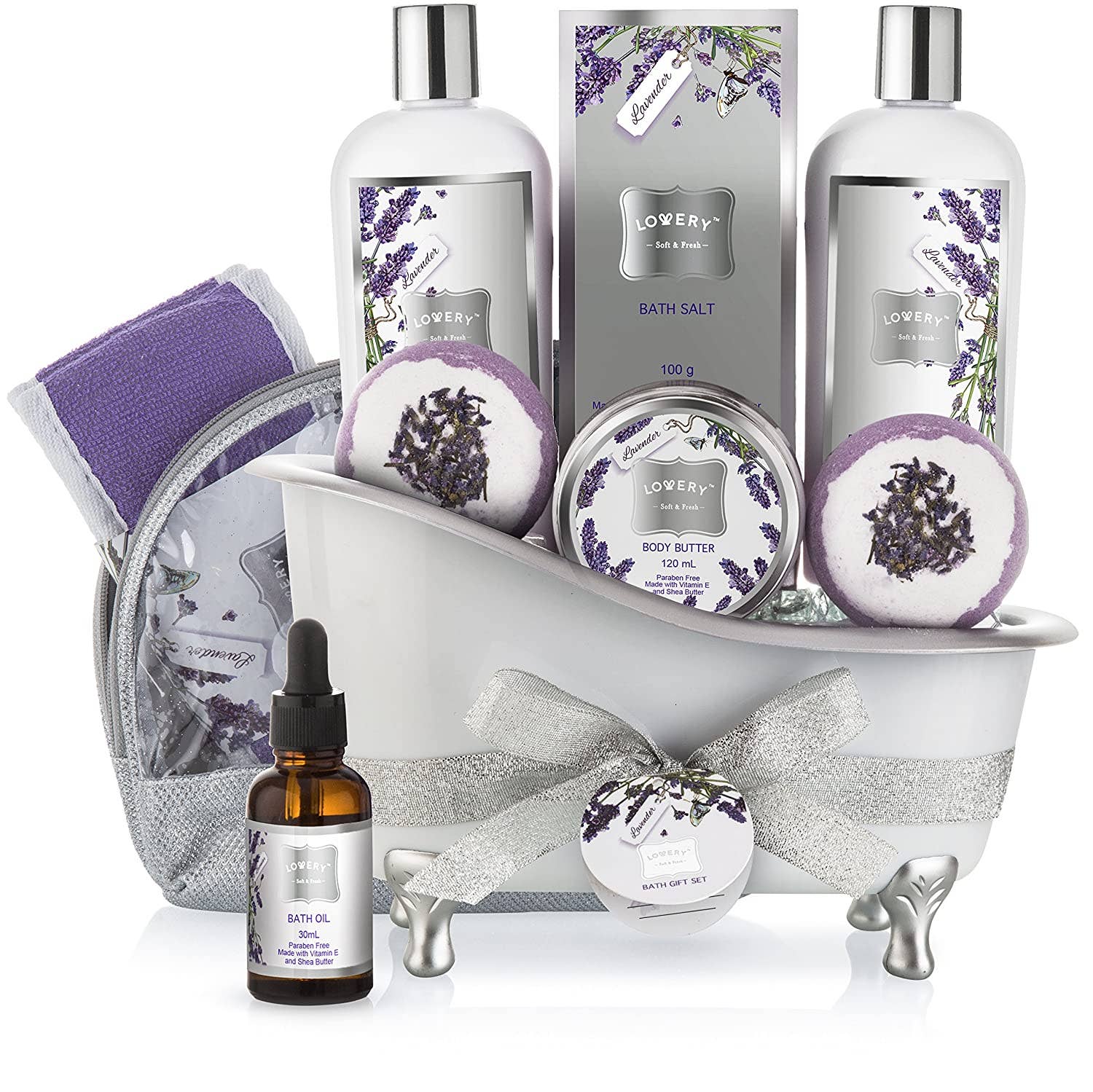 Bath Gift Basket Set: Relaxing Lavender Home Spa Kit Set