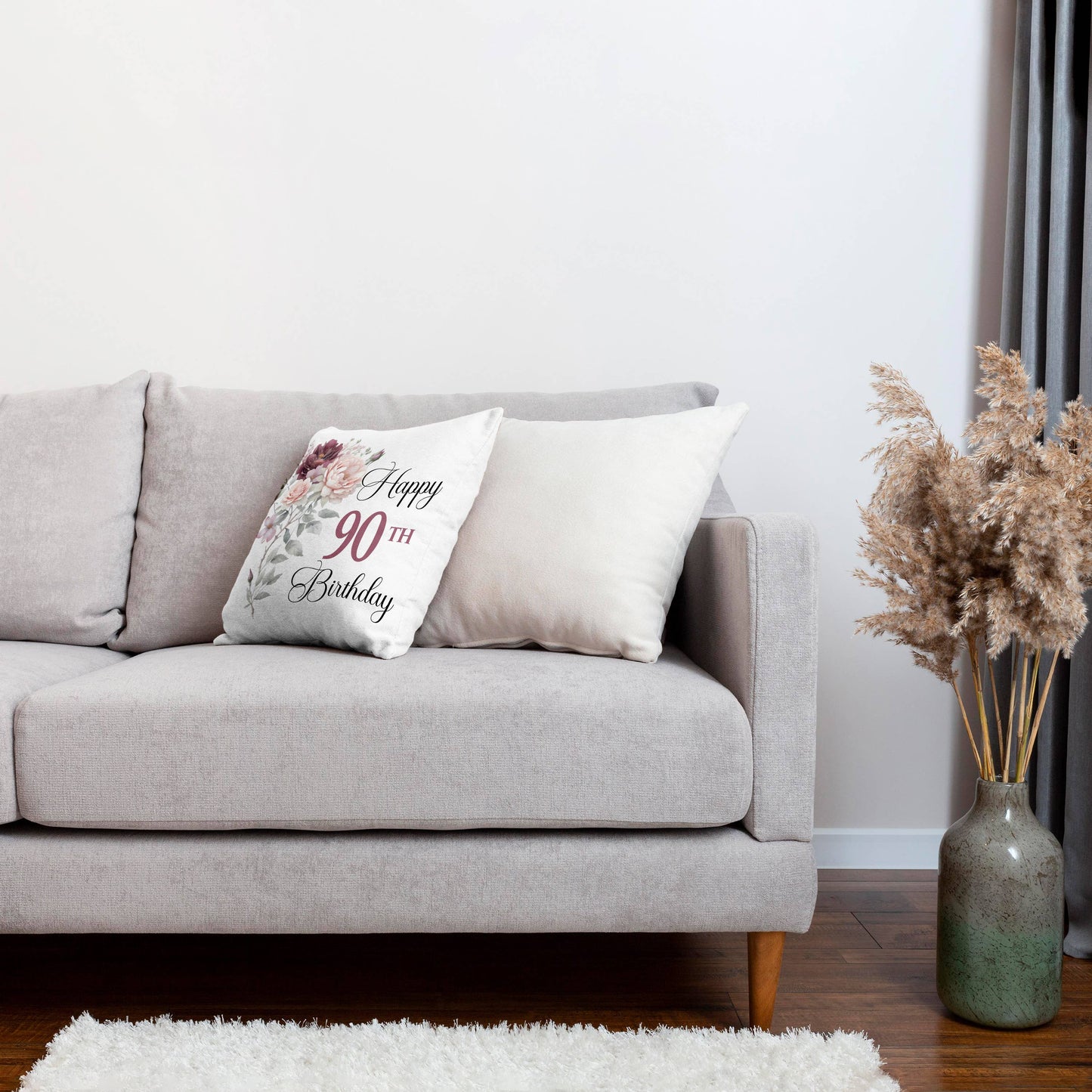 Happy 90th Birthday Blush Pink and Burgundy Flower, Pillow Case