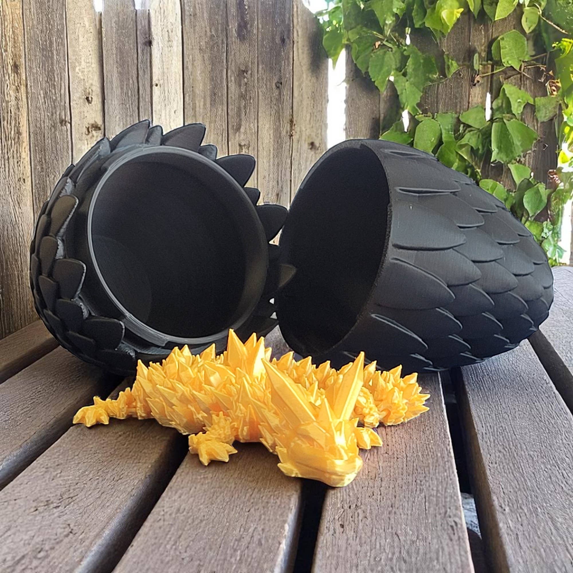 3D Printed 12" Dragon and 6" Egg: Black Egg / Gold Dragon