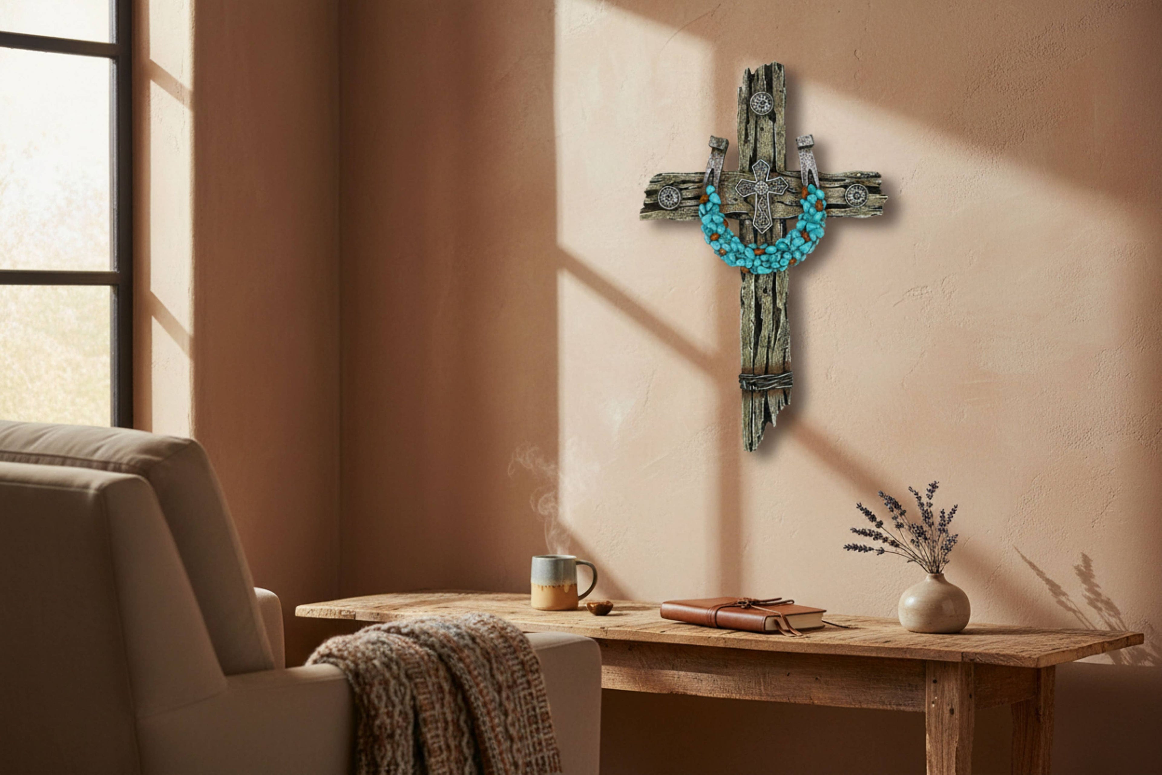 Turquoise Horseshoe on Polyresin Driftwood Wall Cross