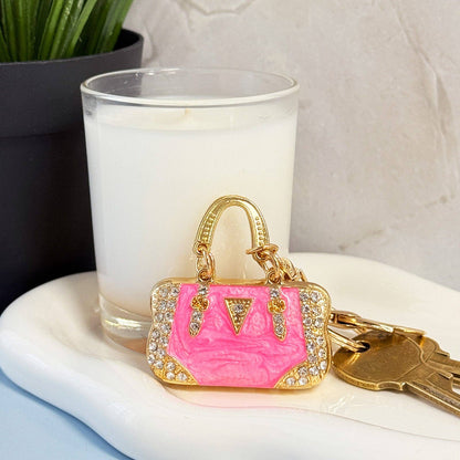 Rhinestone Handbag Shaped Purse Charm Keychain: Pink