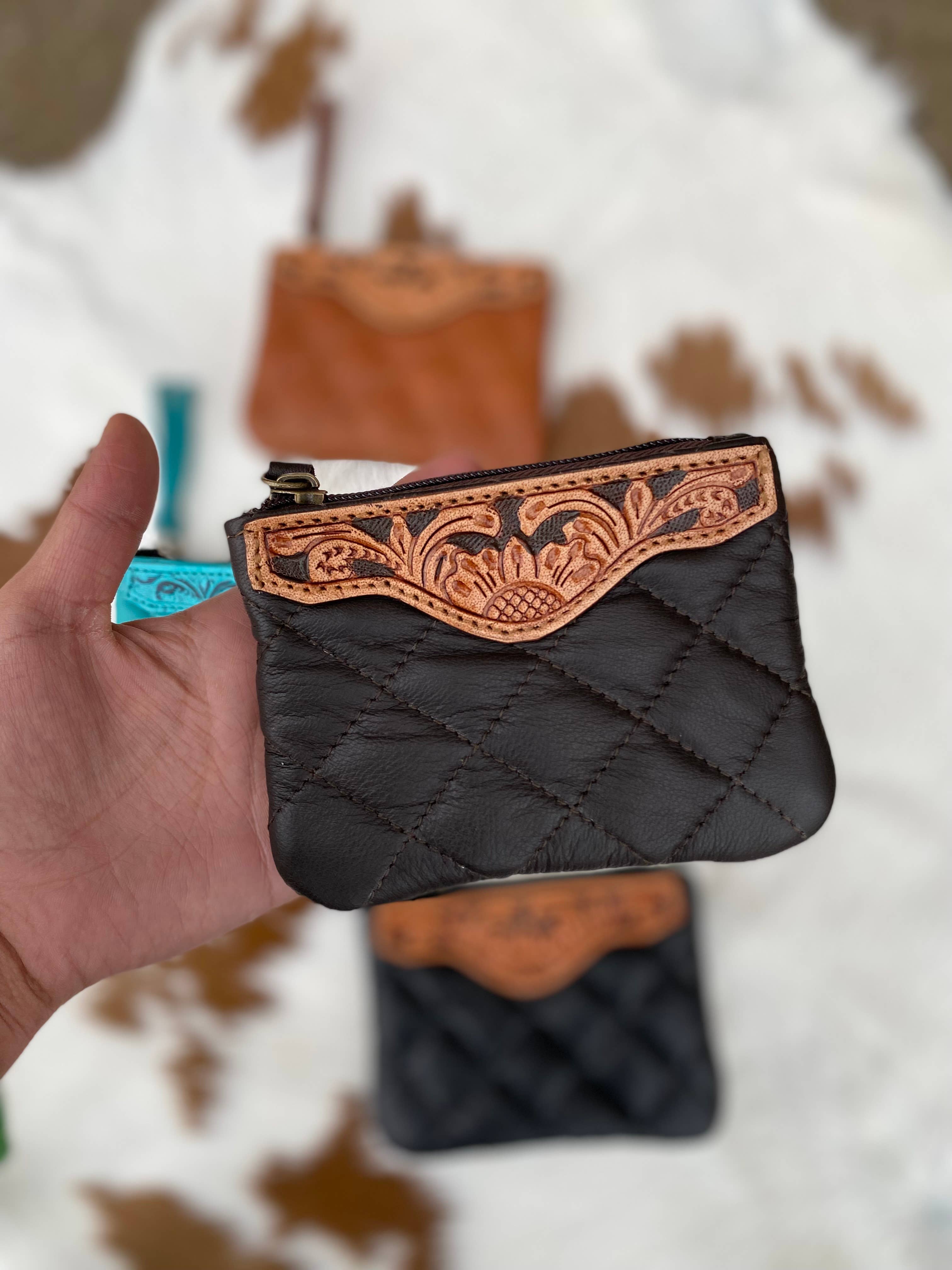 Brown Tooled Leather Coin Pouch 