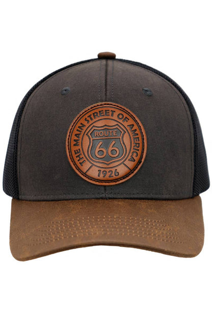 Route 66 Patch Faux Oiled Leather Black/Brown Trucker Hat