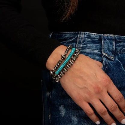 Faux Navajo Pearl and Turquoise Stretch 3 Strand Bracelet